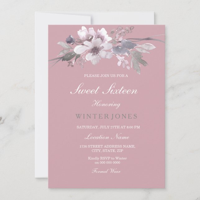 Dusty Pink Elegant Floral Sweet 16 Invite (Front)