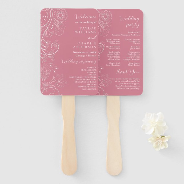 Dusty Pink Elegant Floral Wedding Program Hand Fan (Front and Back)