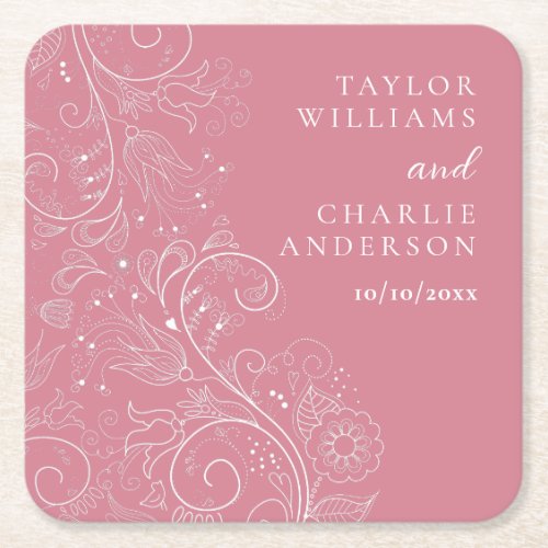 Dusty Pink Elegant Floral Wedding Square Paper Coaster