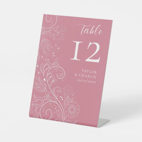 Dusty Pink Elegant Floral Wedding Table Number Pedestal Sign