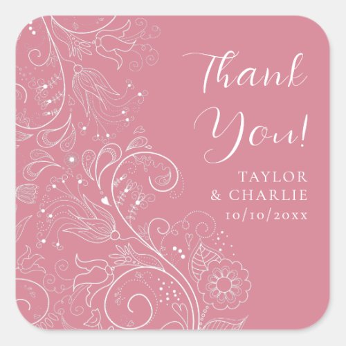 Dusty Pink Elegant Floral Wedding Thank You Square Sticker