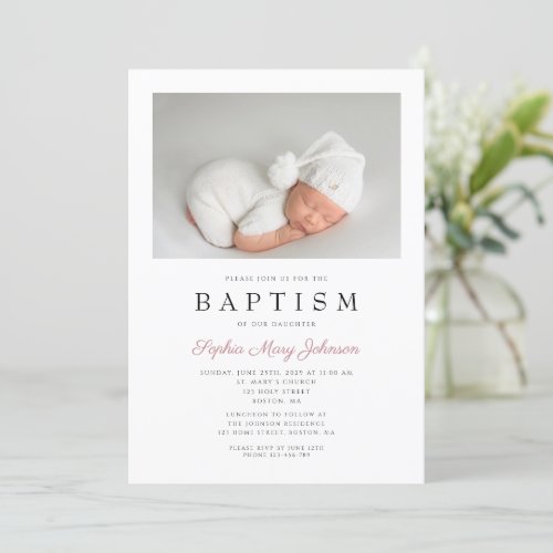 Dusty Pink Elegant Photo Girl Baptism Invitation