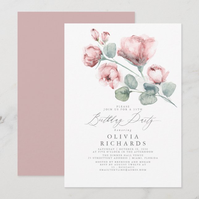 Dusty Pink Elegant Romantic Floral Birthday Invitation (Front/Back)