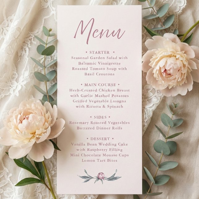 Dusty Pink Elegant Script Wedding Menu  (minimalist dusty pink peony wedding menu card in modern script calligraphy)