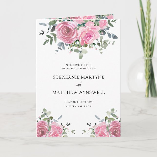 Dusty Pink Eucalyptus Botanical Wedding Program (Front)