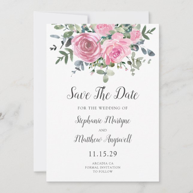 Dusty Pink Eucalyptus Botanical Wedding Save The Date (Front)