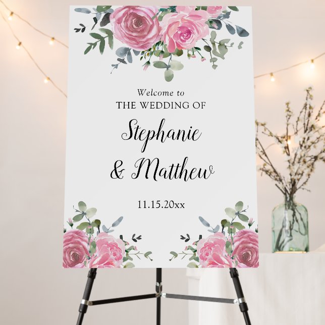 Dusty Pink Eucalyptus Botanical Wedding Welcome Foam Board (In Situ (Stand))