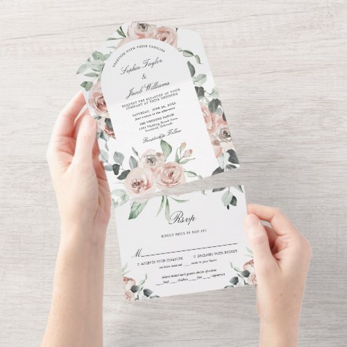 Dusty Pink Eucalyptus Floral Wedding All In One Invitation