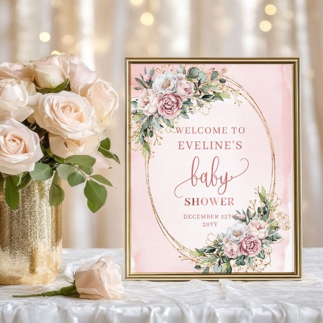 Dusty Pink Eucalyptus Welcome Baby Shower Poster (Dusty Pink Eucalyptus Welcome Baby Shower Poster)
