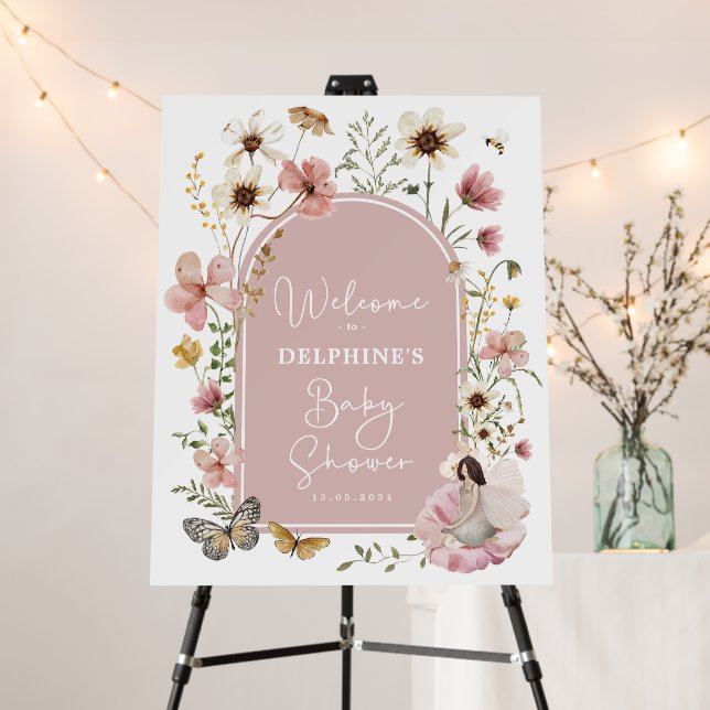Dusty Pink Fairy Wildflower Baby Shower Welcome Foam Board (In Situ (Stand))