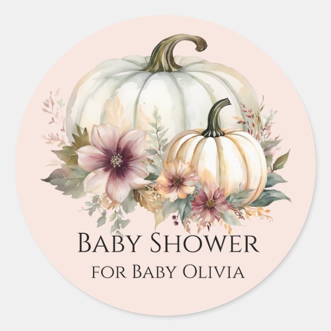 Dusty Pink Fall Floral White Pumpkin Baby Shower Classic Round Sticker (Front)