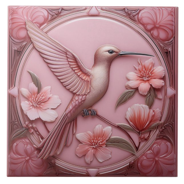 Dusty pink faux relief Art Nouveau Hummingbird R Ceramic Tile (Front)