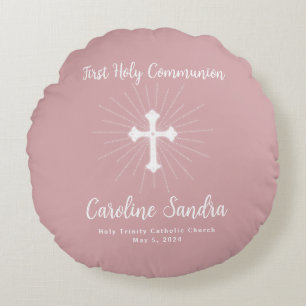 Dusty Pink First Communion with Cross Round Pillow