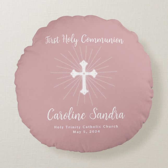 Dusty Pink First Communion with Cross Round Pillow (Front)
