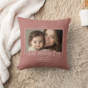 Dusty Pink First Mother's Day Photo Throw Pillow