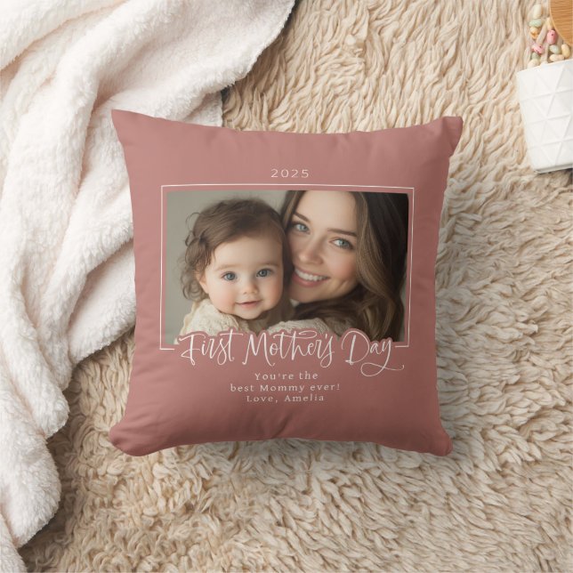 Dusty Pink First Mother's Day Photo  Throw Pillow (Blanket)