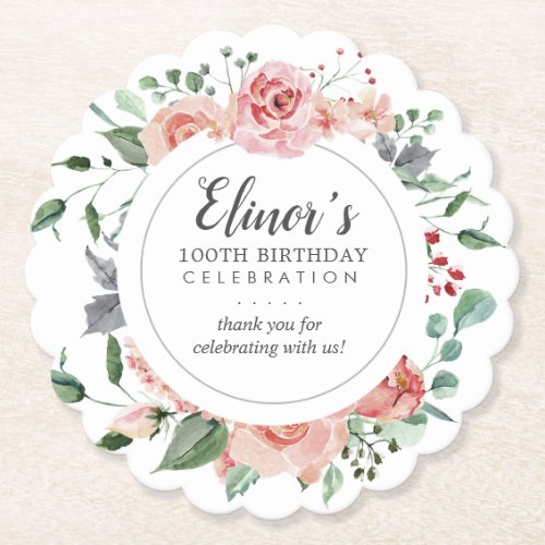 Dusty Pink Floral 100th Birthday Thank You Paper Coaster