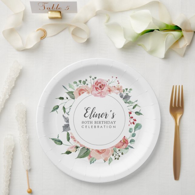Dusty Pink Floral 80th Birthday Thank You Paper Plates (Wedding)