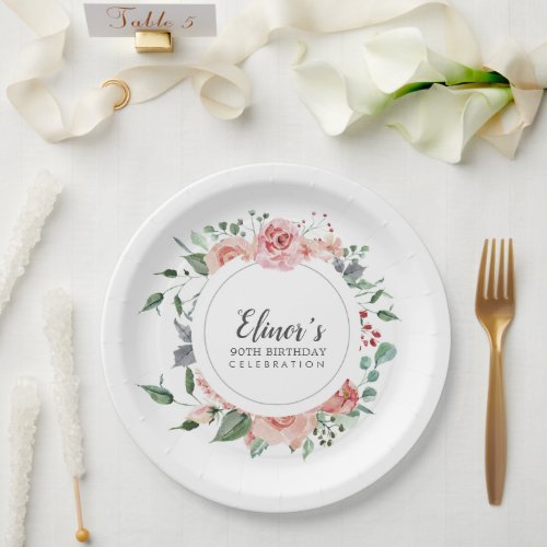Dusty Pink Floral 90th Birthday Thank You Paper Plates