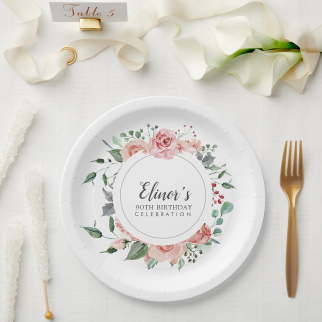 Dusty Pink Floral 90th Birthday Thank You Paper Plates (Wedding)