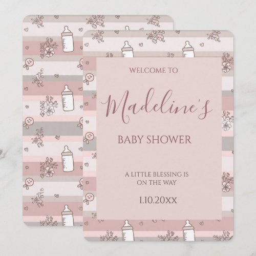 Dusty Pink  Floral Baby Bottle Girl Baby Shower Invitation