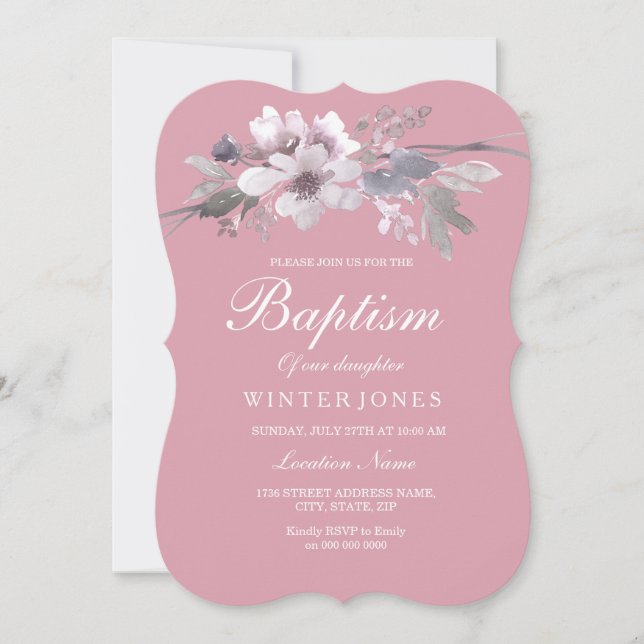 Dusty Pink Floral Baby Girl Baptism Christening Invitation (Front)