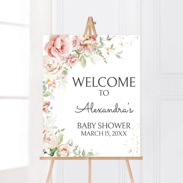Dusty Pink Floral Baby Shower Welcome Poster (Dusty Pink Floral Greenery Baby Shower Welcome Sign)