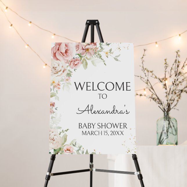 Dusty Pink Floral Baby Shower Welcome Sign (In Situ (Stand))