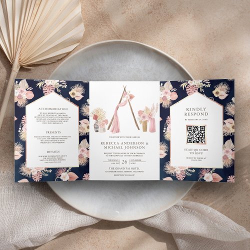 Dusty Pink Floral Boho Arbor Navy QR Code Wedding Tri_Fold Invitation