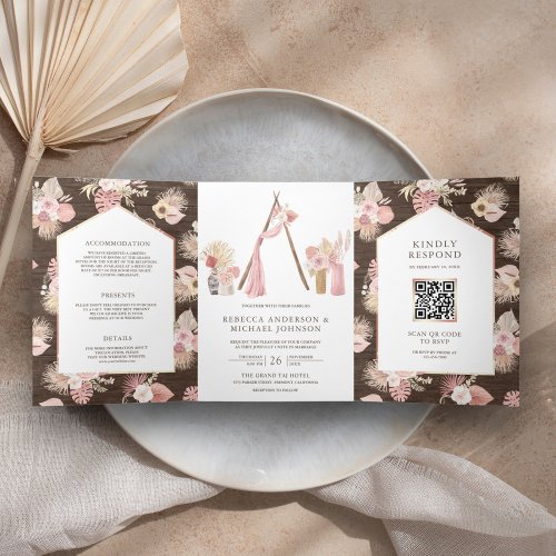 Dusty Pink Floral Boho Arbor Wood QR Code Wedding Tri_Fold Invitation