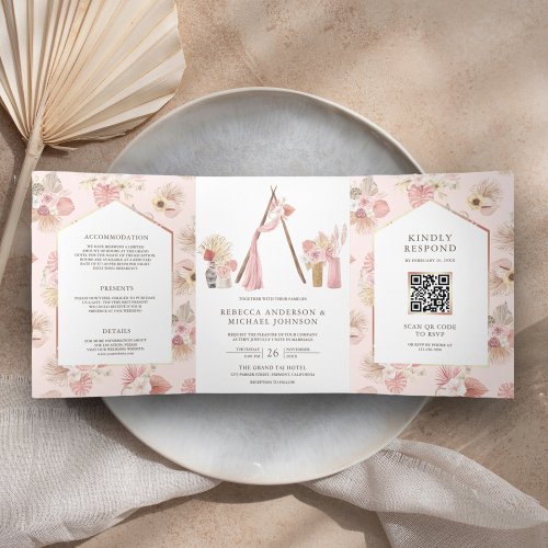 Dusty Pink Floral Boho Beach Arbor QR Code Wedding Tri_Fold Invitation