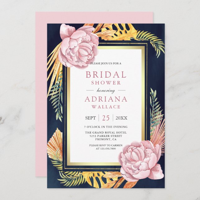 Dusty Pink Floral Boho Palm Navy Bridal Shower Invitation (Front/Back)