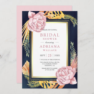 Dusty Pink Floral Boho Palm Navy Bridal Shower Invitation