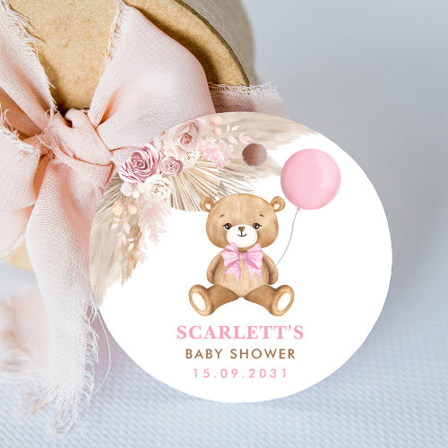 Dusty Pink Floral Boho Teddy Bear Baby Shower Classic Round Sticker