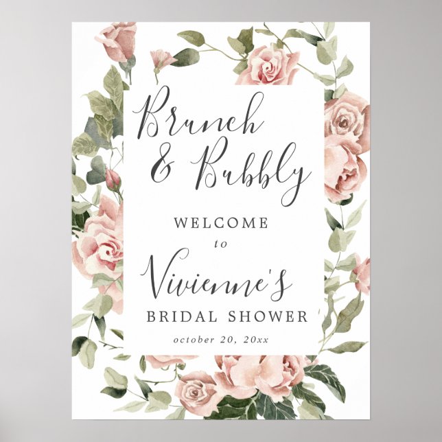 Dusty Pink Floral Bridal Bubbly Welcome Sign (Front)