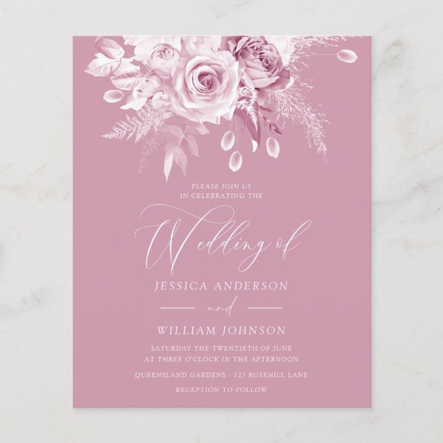 Dusty Pink Floral Budget Wedding Invitation (Front)