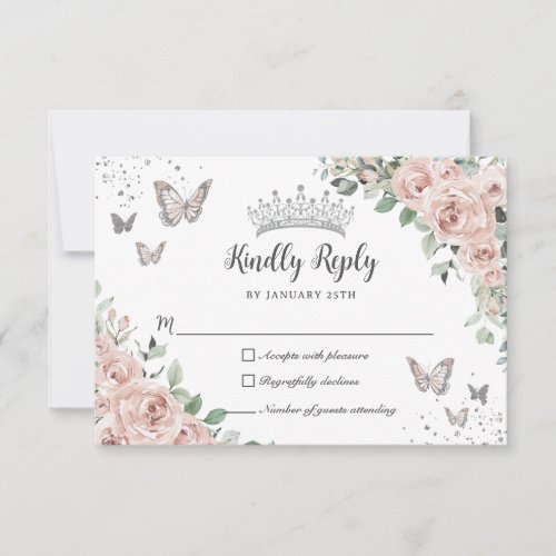 Dusty Pink Floral Butterflies Silver Quinceaera RSVP Card
