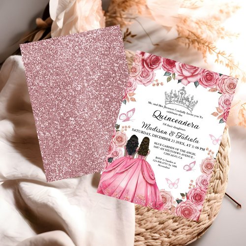 Dusty Pink Floral Butterfly Twin Girl Quinceanera  Invitation