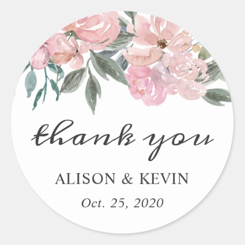 Dusty Pink Floral Calligraphy Script Thank You Classic Round Sticker