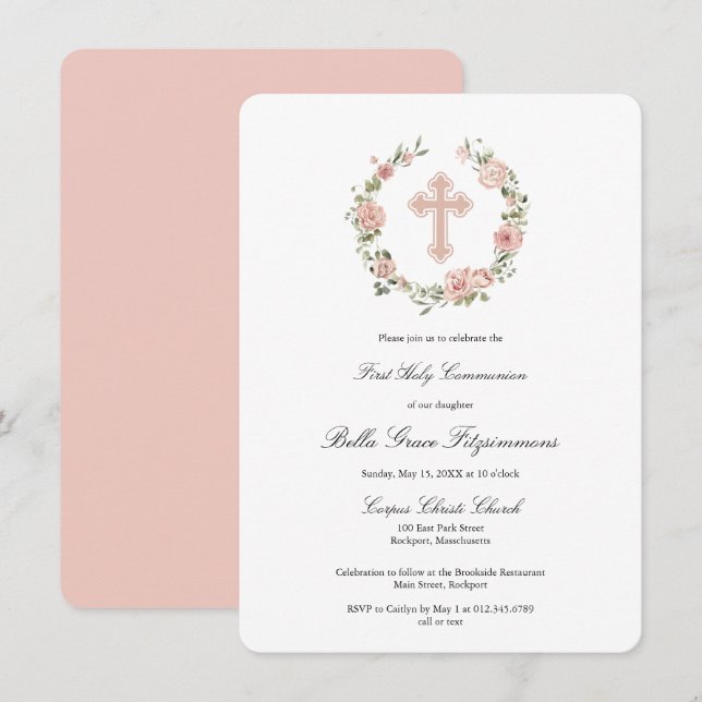 Dusty Pink Floral Cross Wreath First Communion Invitation (Front/Back)