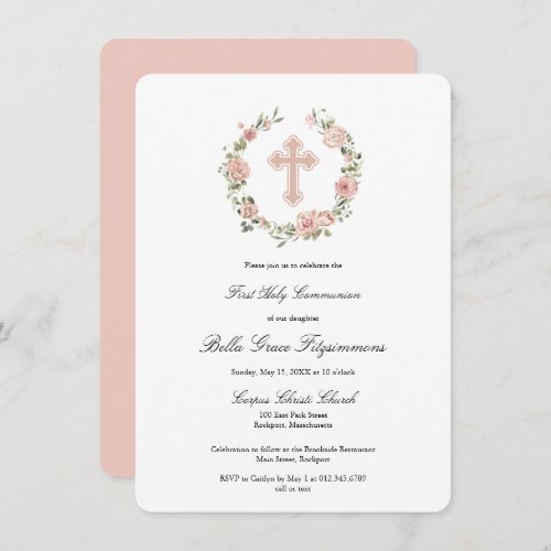 Dusty Pink Floral Cross Wreath First Communion Invitation