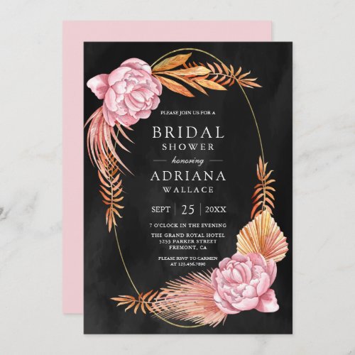 Dusty Pink Floral Dried Palm Black Bridal Shower Invitation