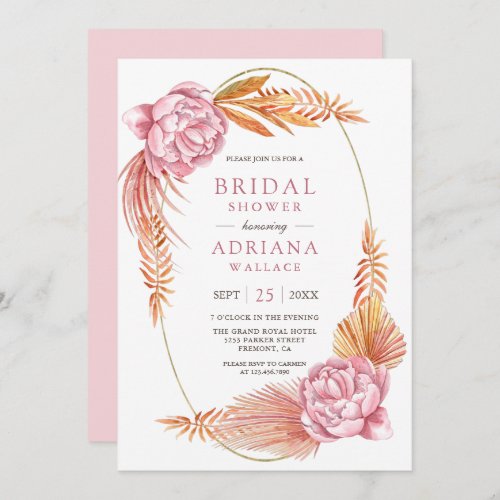 Dusty Pink Floral Dried Palm Boho Bridal Shower Invitation