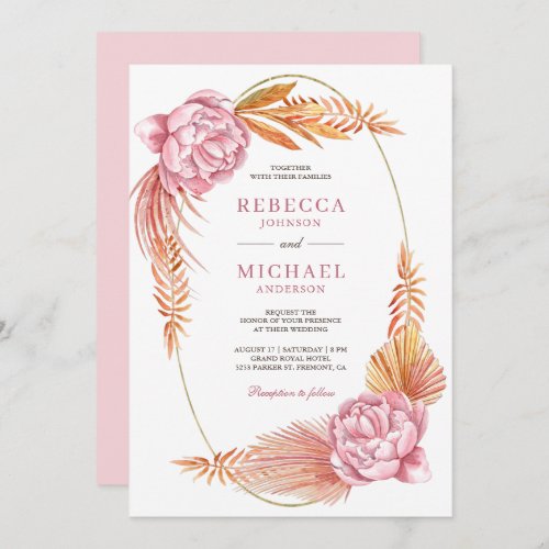 Dusty Pink Floral Dried Palm Leaves Boho Wedding Invitation