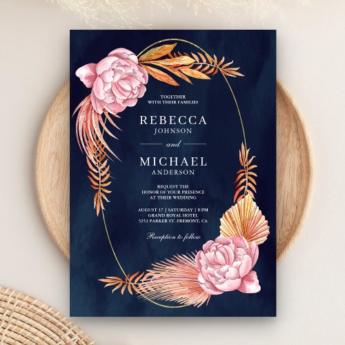 Dusty Pink Floral Dried Palm Leaves Navy Wedding Invitation