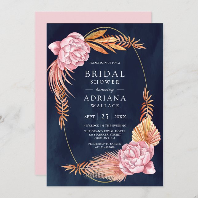 Dusty Pink Floral Dried Palm Navy Bridal Shower Invitation (Front/Back)