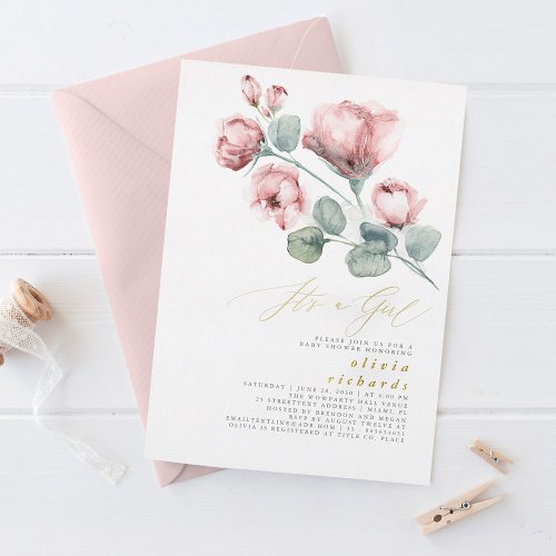 Dusty Pink Floral Elegant Its a Girl Baby Shower Foil Invitation