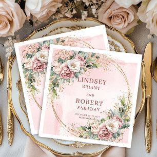Dusty Pink Floral Eucalyptus Sparkle Gold Wedding  Napkins