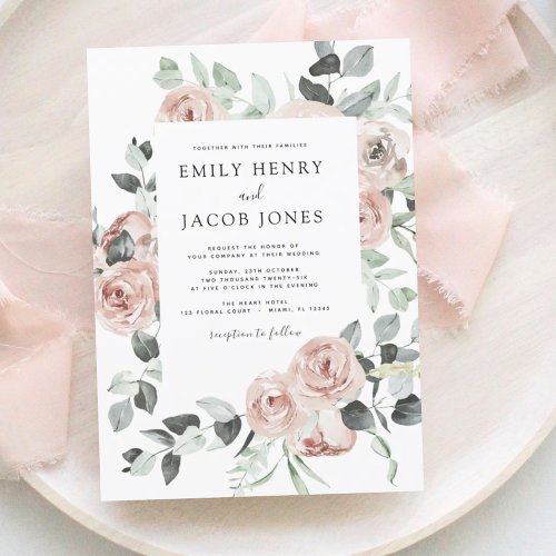 Dusty Pink Floral Eucalyptus Wedding Invitation