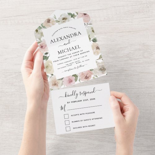 Dusty Pink Floral Eucalyptus Wedding RSVP All In One Invitation